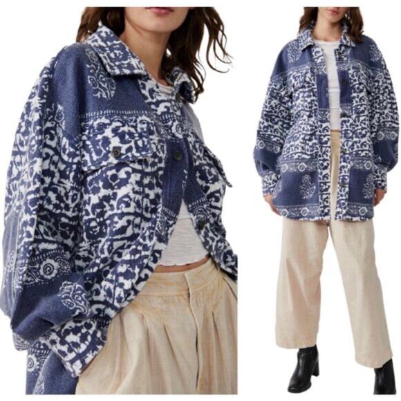 Free People Jackets & Blazers - Free People Oversized Ruby Jacket Blue and White Print Shacket Size S